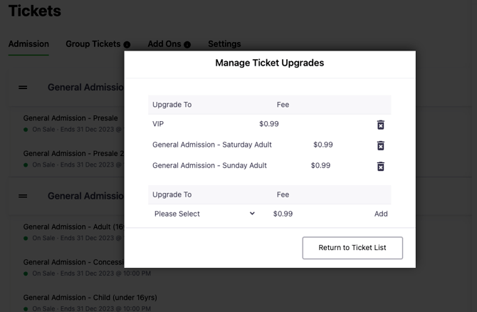 Upgrades - manage screen